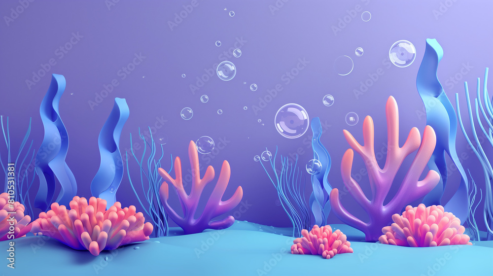 3D render of cartoon-style sea plants and corals in purple color, set against a blue background with little fishes floating around. The design features a minimalistic style with simple shapes 3D render of cartoon-style sea plants and corals in purple color, set against a blue background with little fishes floating around. The design features a minimalistic style with simple shapes