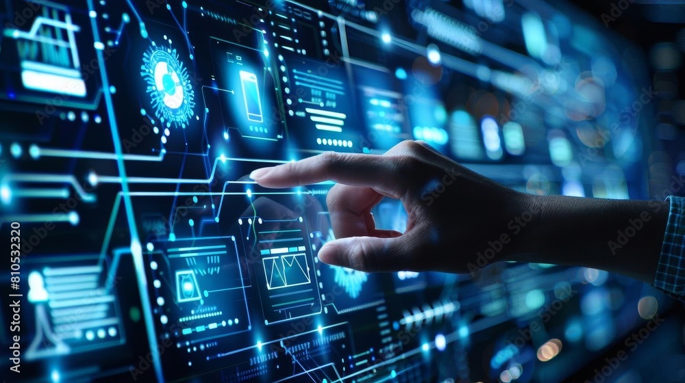 Business and technology integration, depicted through a hand interacting with virtual graphics Business and technology integration, depicted through a hand interacting with virtual graphics