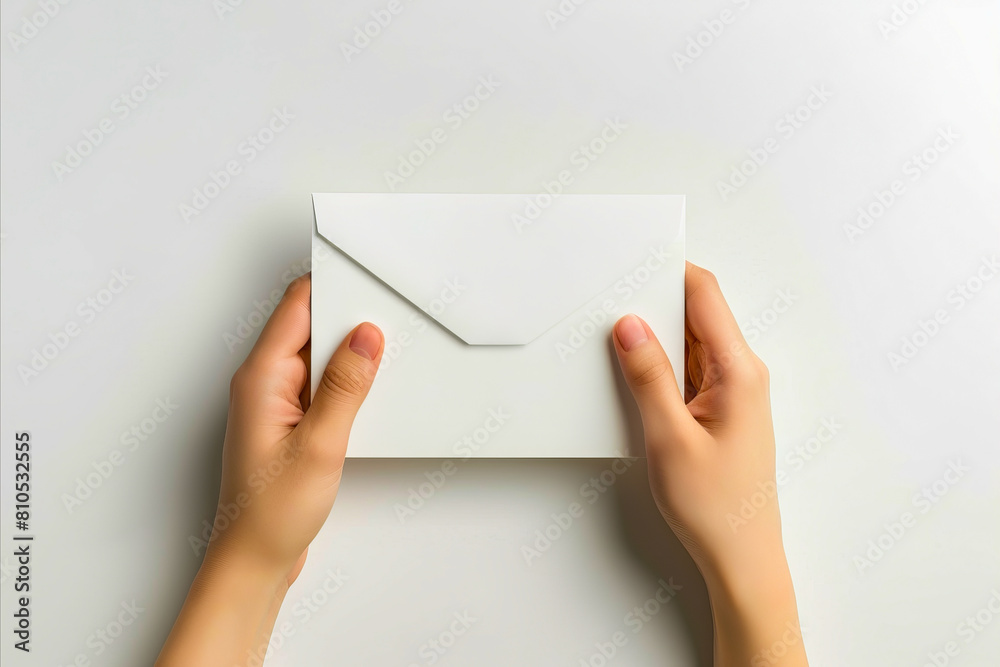 A woman holding an envelope with a white background. A woman holding an envelope with a white background.