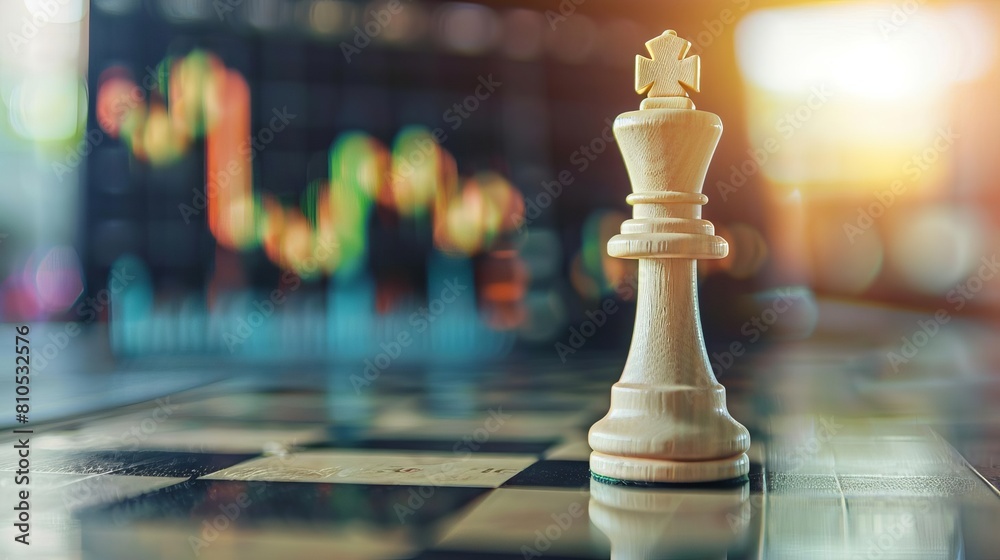 Chess king piece with financial charts in the background, representing strategic financial planning Chess king piece with financial charts in the background, representing strategic financial planning