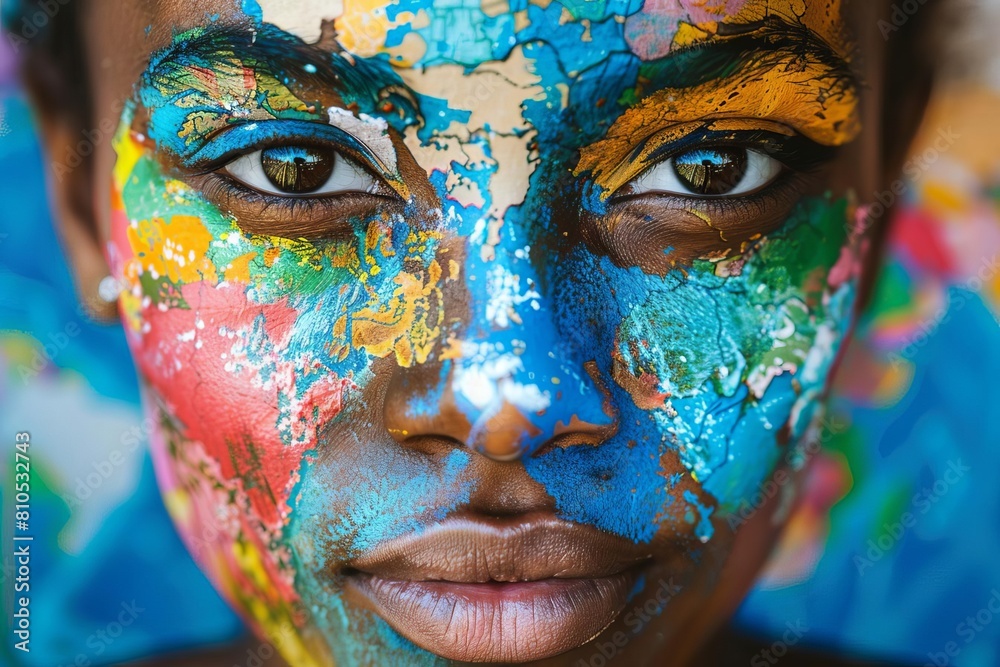 Colorful portrait with a global map, representing cultural diversity and global awareness