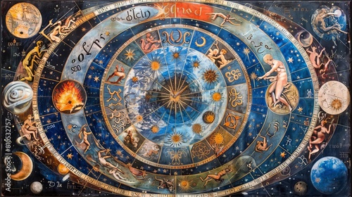 Colorful representation of multiple zodiac signs in celestial spheres