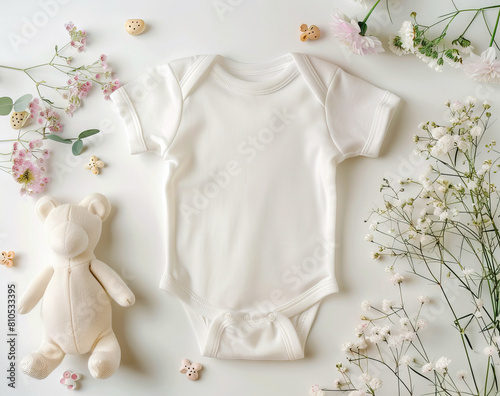 A white baby bodysuit and teddy bear on a table. © VISUAL BACKGROUND