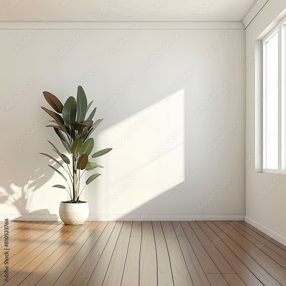 Modern Empty Living Room with Wooden Floor, Potted Plant, White Wall Background. Blank Texture Wall for Picture Frame Copy Space Mockup. Sun Rays Through Window Modern Empty Living Room with Wooden Floor, Potted Plant, White Wall Background. Blank Texture Wall for Picture Frame Copy Space Mockup. Sun Rays Through Window