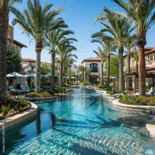 A beautifully landscaped five-star resort pool area, inviting guests to unwind in style.