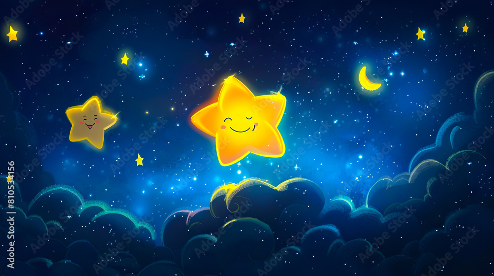 A night sky with many stars and smiling faces.