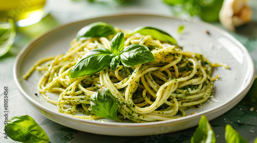 Plate with tasty pesto pasta on table