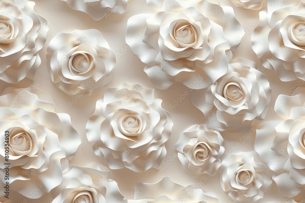 Elegant 3D white roses in a seamless pattern against a soft beige background, perfect for wedding stationery or luxurious wallpaper in bridal boutiques