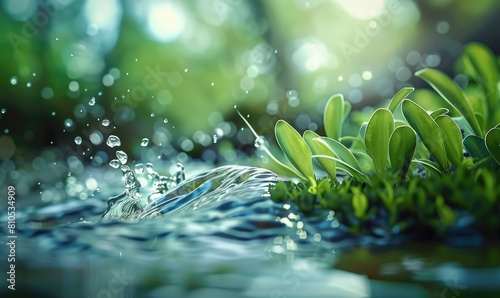 Waterfall Fountain landscape Refreshing background. Splashing Water on Vibrant Green Grass with Leaves and Plants photo