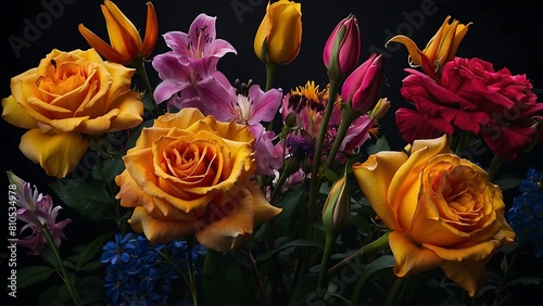 A beautiful bouquet of colorful flowers on dark background