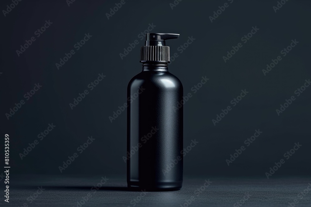 A bottle of black perfume mockup on a black with shiny marble, in the style of minimalist monochromatic landscapes,