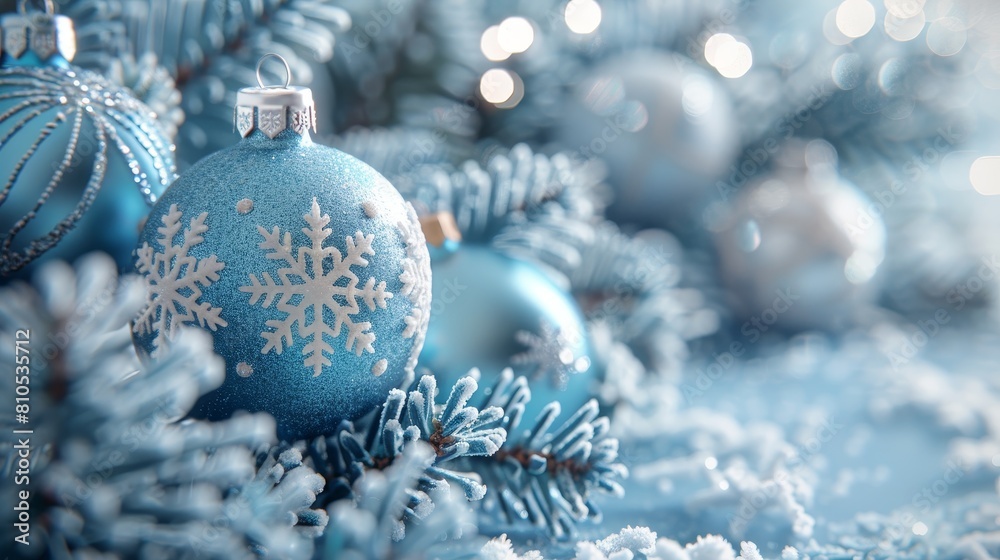 A Christmas tree decoration, with a background of blue and white snowflakes, balls A Christmas tree decoration, with a background of blue and white snowflakes, balls