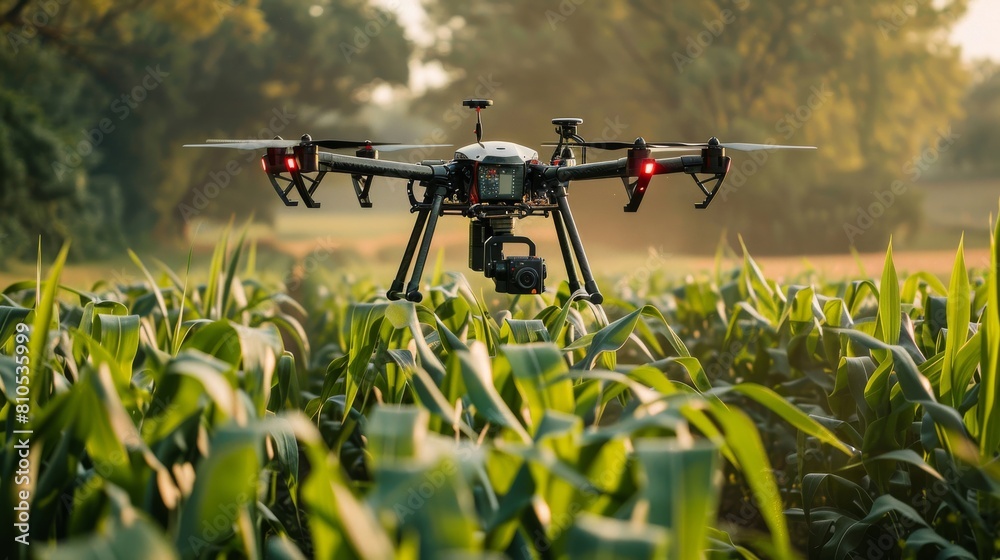 A modern drone equipped with a camera flying over a lush green cornfield at dawn, used for precision agriculture. A modern drone equipped with a camera flying over a lush green cornfield at dawn, used for precision agriculture.