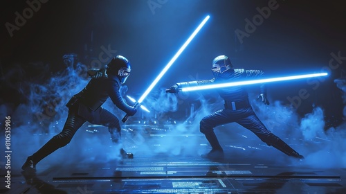 Two figures engage in a futuristic duel wielding glowing light swords amidst dense smoke, creating a dynamic sci-fi scene.
