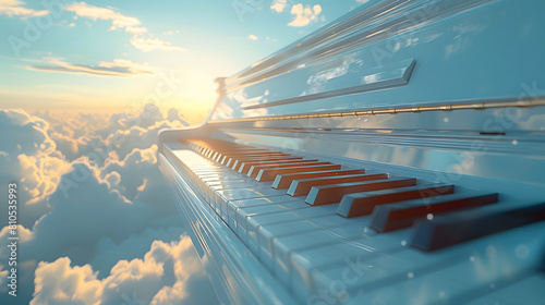 white piano floating in the sky photo