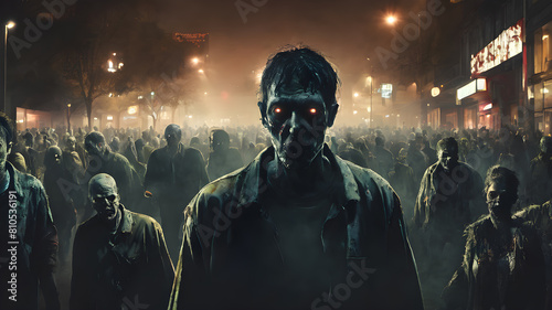 zombie crowd walking at night, halloween concept. AI generated image, ai. photo