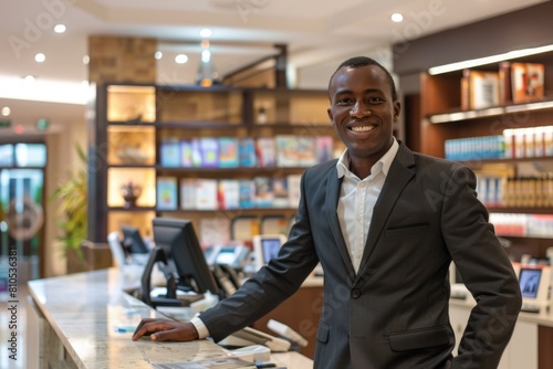 Smiling professional hotel concierge standing confidently at reception desk photo