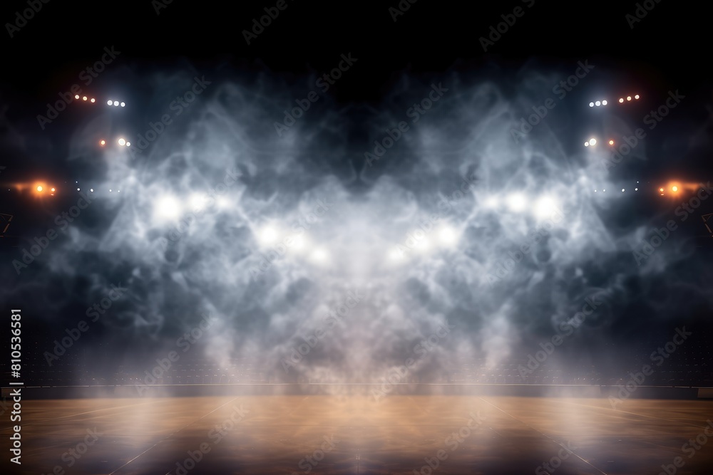 Naklejka premium Empty basketball court lights and smoke. creating a spooky ambiance.