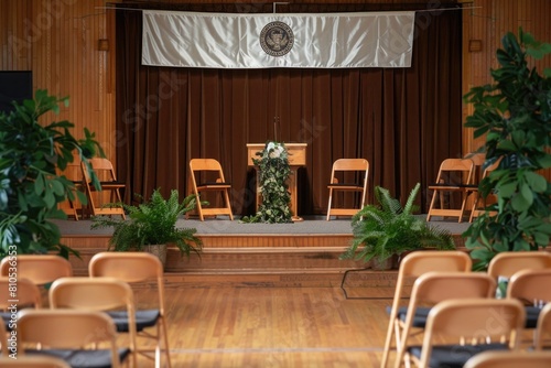 School graduation scene with wooden podium and chairs adorned with caps and diplomas