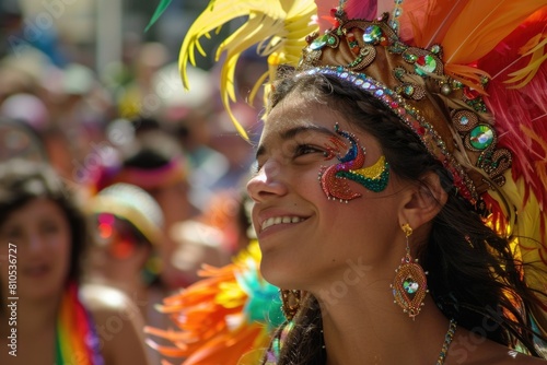 Annual Carnaval celebration in a city square with colorful floats, samba music, and vibrant costumes