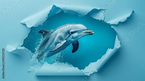 A fascinating scene of a dolphin breaking through the hole in a paper background © MAY