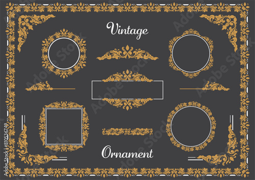 Set Of Golden Vintage ornament with border, frame, crown, corner, mandala and luxury elements, suitable for vintage design or wedding invitation card