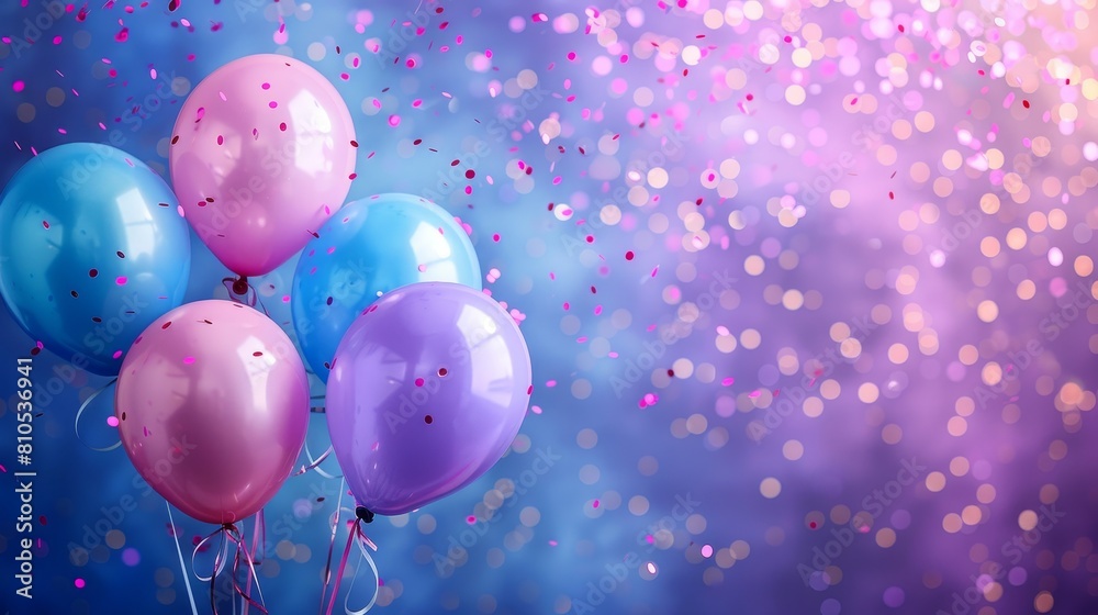A festive setting with balloons and confetti in shades of blue, pink, and purple A festive setting with balloons and confetti in shades of blue, pink, and purple