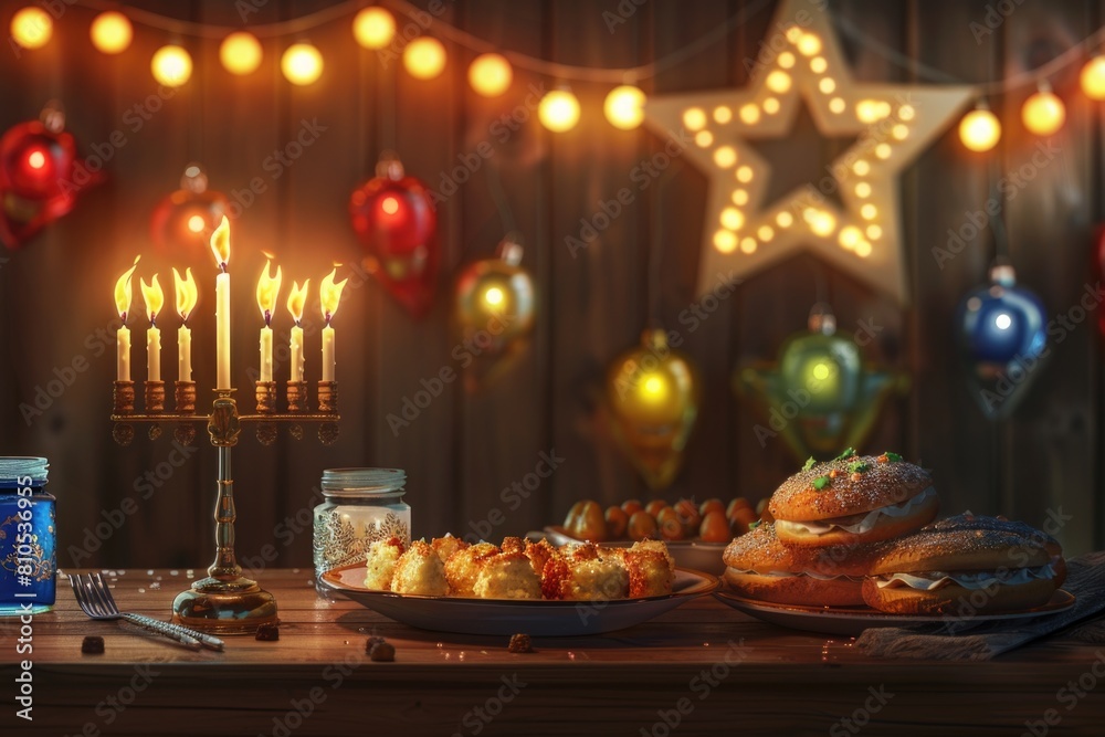 Hanukkah celebration with menorah, dreidels, and traditional foods on a warm wooden background