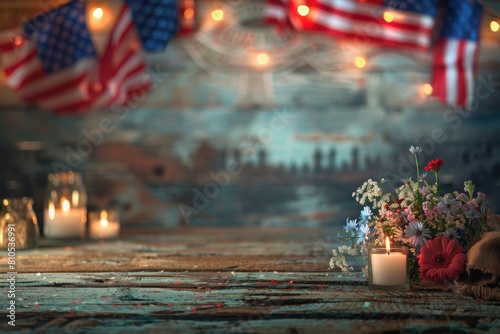 Memorial Day tribute with flags  fresh flowers  and soldier silhouettes against a rustic wooden backdrop