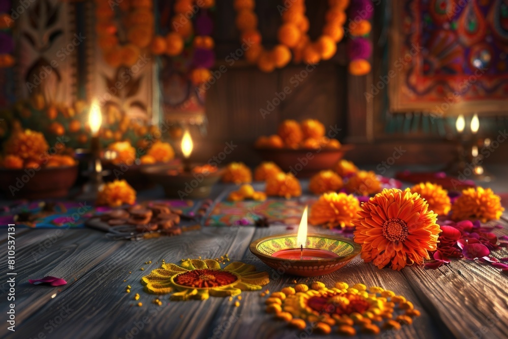 Naklejka premium Diwali Festival of Lights with Traditional Diyas and Rangoli on a Colorful Background