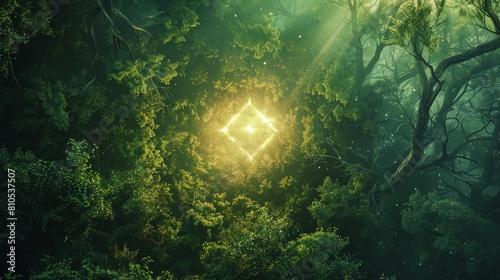 neon diamond glowing amidst a lush forest of olive and moss