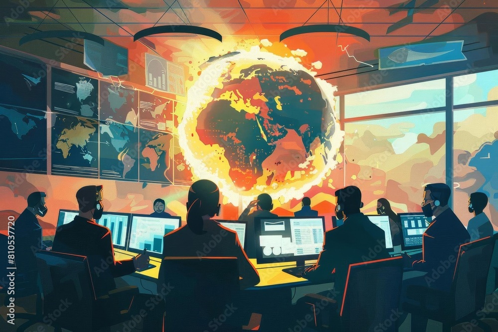 Illustrate a global crisis management center in operation during an emergency Illustrate a global crisis management center in operation during an emergency