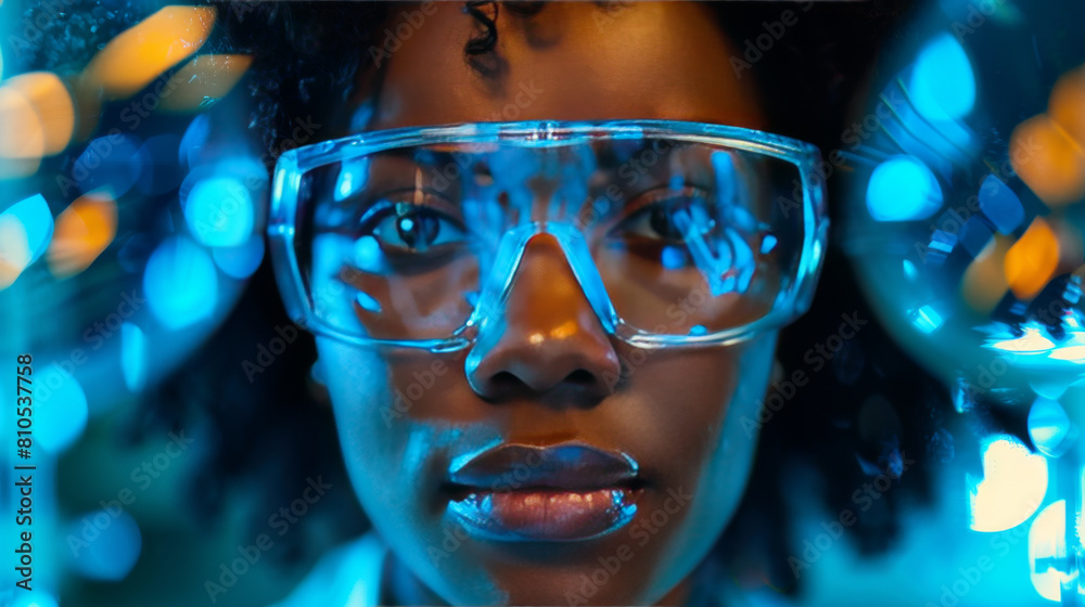 Young woman using advanced augmented reality glasses with reflective blue lights, symbolizing future technology. Young woman using advanced augmented reality glasses with reflective blue lights, symbolizing future technology.
