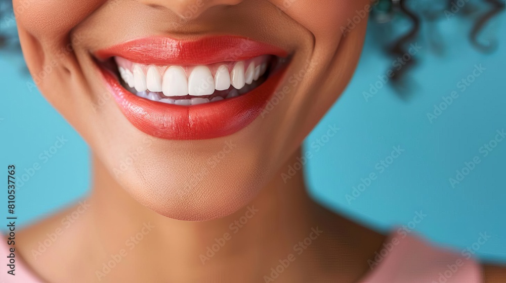 Obraz premium A minimalist poster featuring a close-up of a woman's smile with vibrant healthy gums, promoting dental hygiene
