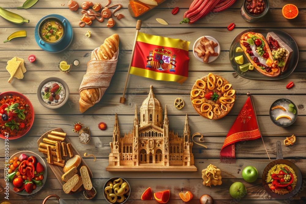 Display of Spain Day with Spanish flag, landmarks, cuisine, and flamenco dancers on a wooden background.
