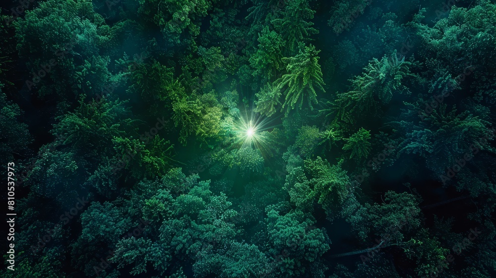 neon star shining amidst a dense forest of green and cyan
