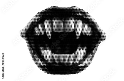 Halloween vampire dracula mouth with sharp teeth. Grunge vector halftone design element
