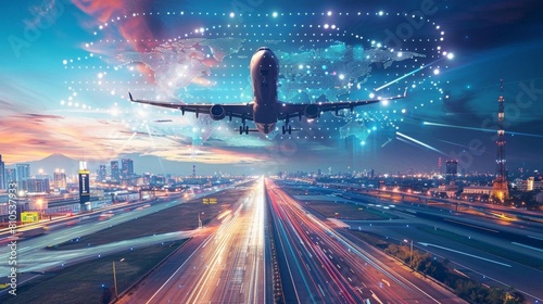 Illustrate the seamless integration of global transportation networks from roads to air travel