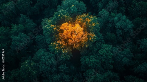neon tree amidst a dense forest  viewed from above of vibrant green and neon orange