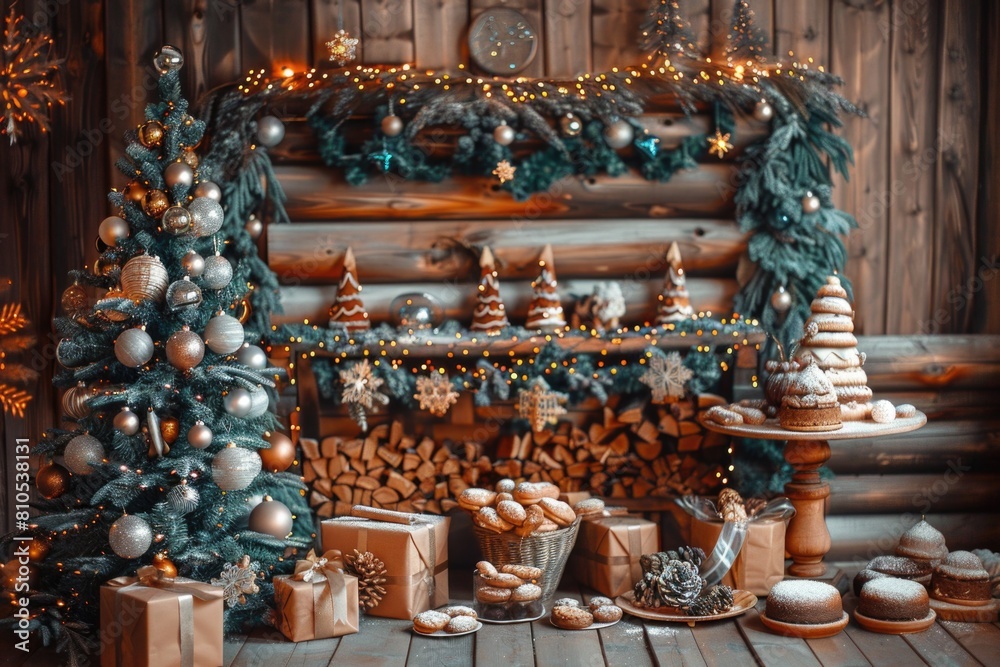 Christmas scene with fir garlands, ornament-shaped cookies, and gifts under the tree on a wooden background Christmas scene with fir garlands, ornament-shaped cookies, and gifts under the tree on a wooden background