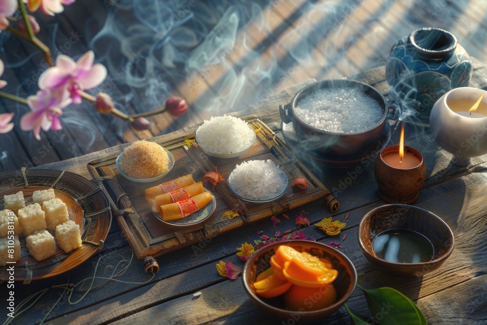 Zhongxiao Jie setup with rice cakes, fruits, flowers, and incense, reflecting ancestral worship and nature.