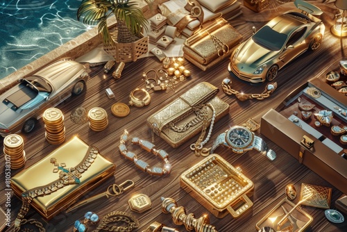 Symbols of Wealth Scene with Gold, Diamonds, and Luxury Items on a Sophisticated Wooden Background