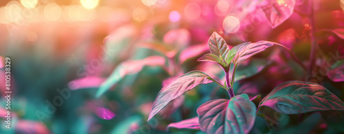 Organic hydroponic vegetables growing in greenhouse. Selective focus. neon light.