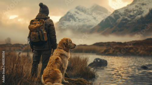 A man and his dog gaze over a serene mountain lake at dawn, surrounded by snowy peaks and mist.