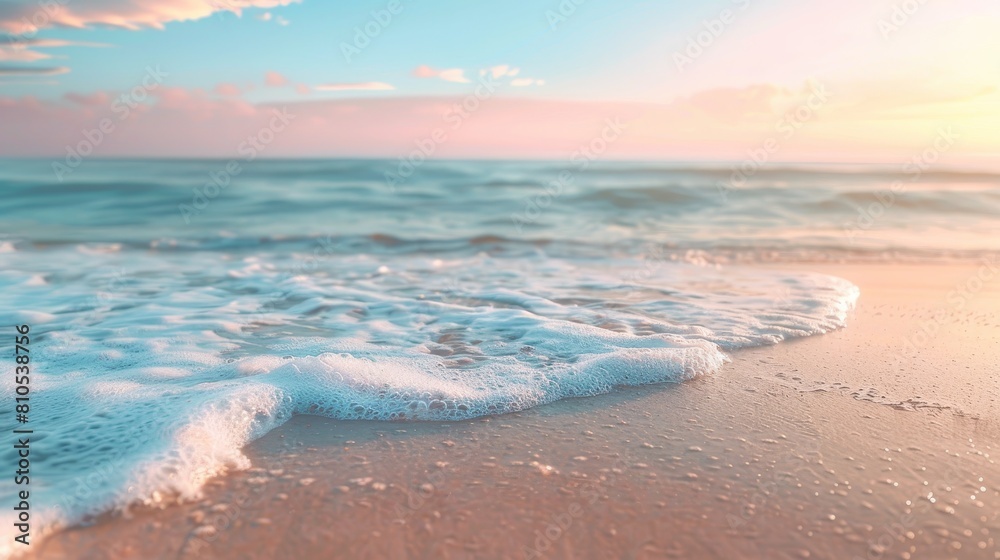 A peaceful beach scene with a blurred background of soft fluffy pastel colors