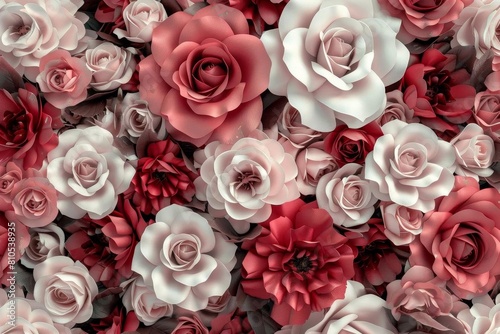 Lifelike 3D roses in shades of blush and crimson  forming a seamless pattern for an opulent wallpaper design  suitable for upscale decor or wedding themes