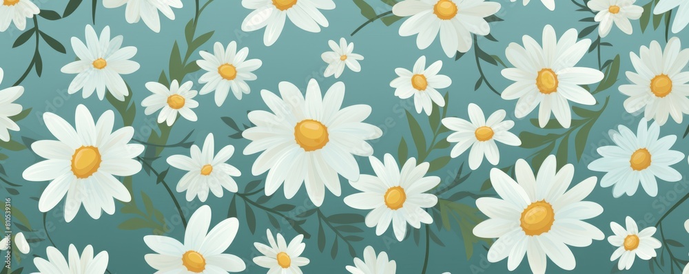 White chamomile flowers on a blue background.