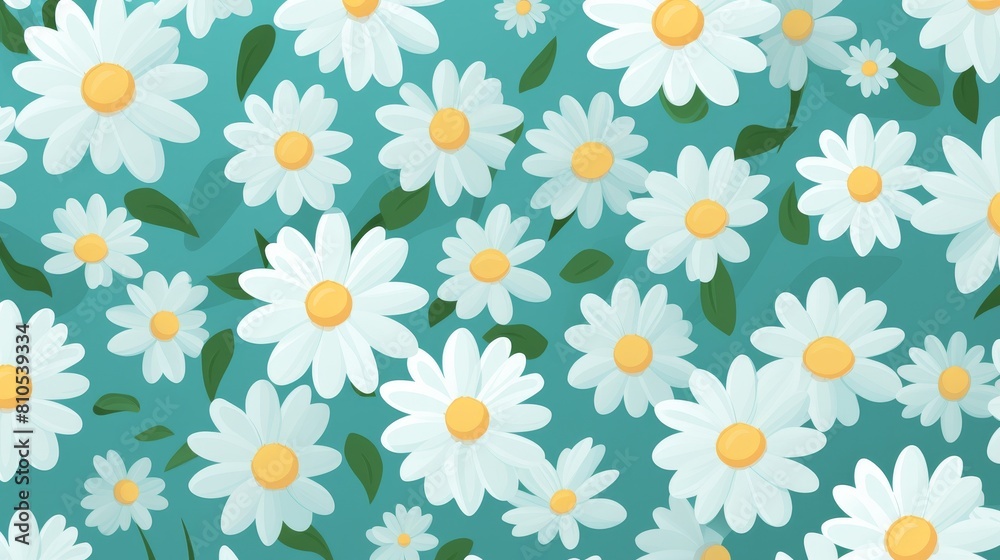 A beautiful pattern of white daisies with yellow centers on a blue background. A beautiful pattern of white daisies with yellow centers on a blue background.