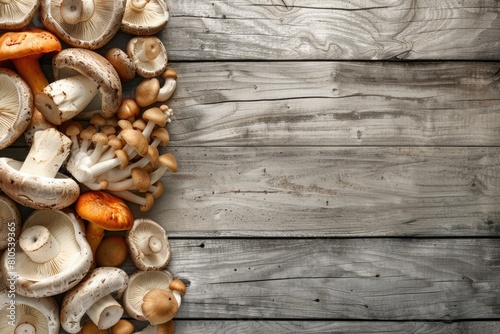 Assortment of Mushrooms on a Wooden Surface, Natural Earthy Qualities Showcased in Warm Light