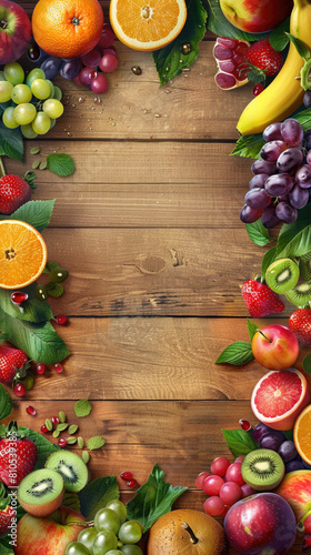 Vibrant Fruit Assortment on a Wooden Surface, Fresh and Juicy with Glistening Water Droplets